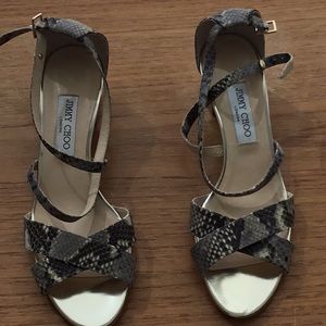 Jimmy Choo lizard look leather, gold heel sandal